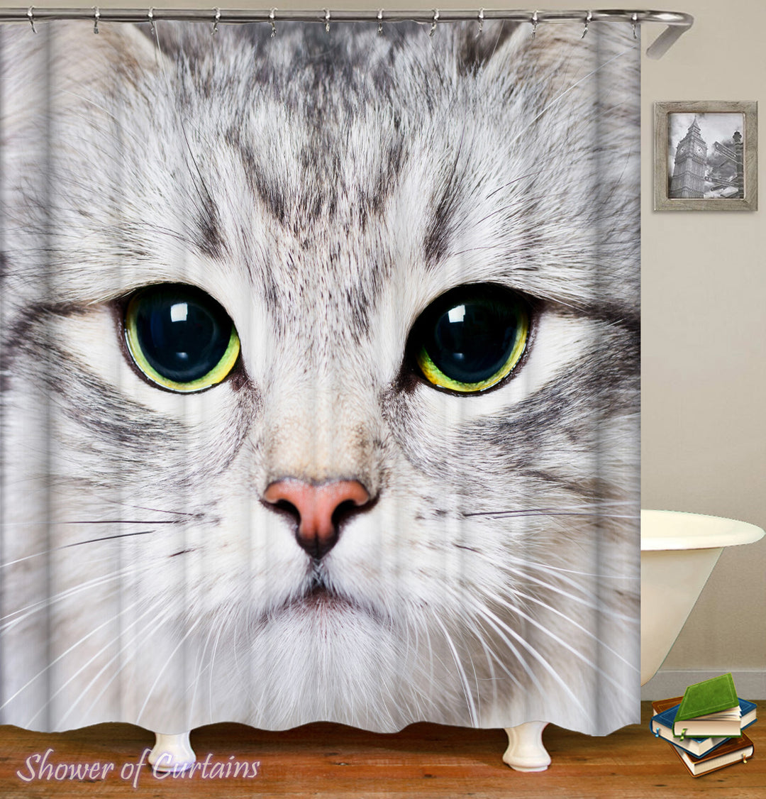 Cat Shower Curtain Features Grey Cat Face