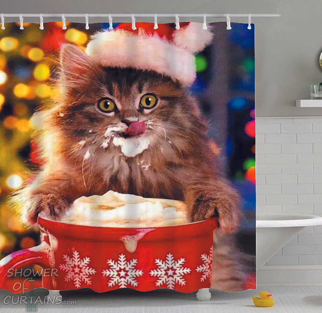 Cat Shower Curtain of Cat Licking Hot Chocolate whipped Cream
