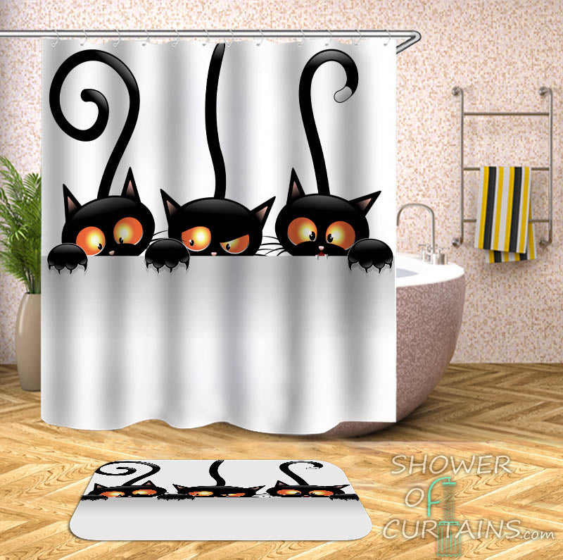 Cat Shower Curtain of Three Suspicious Cats - Black And White Bathroom Decor