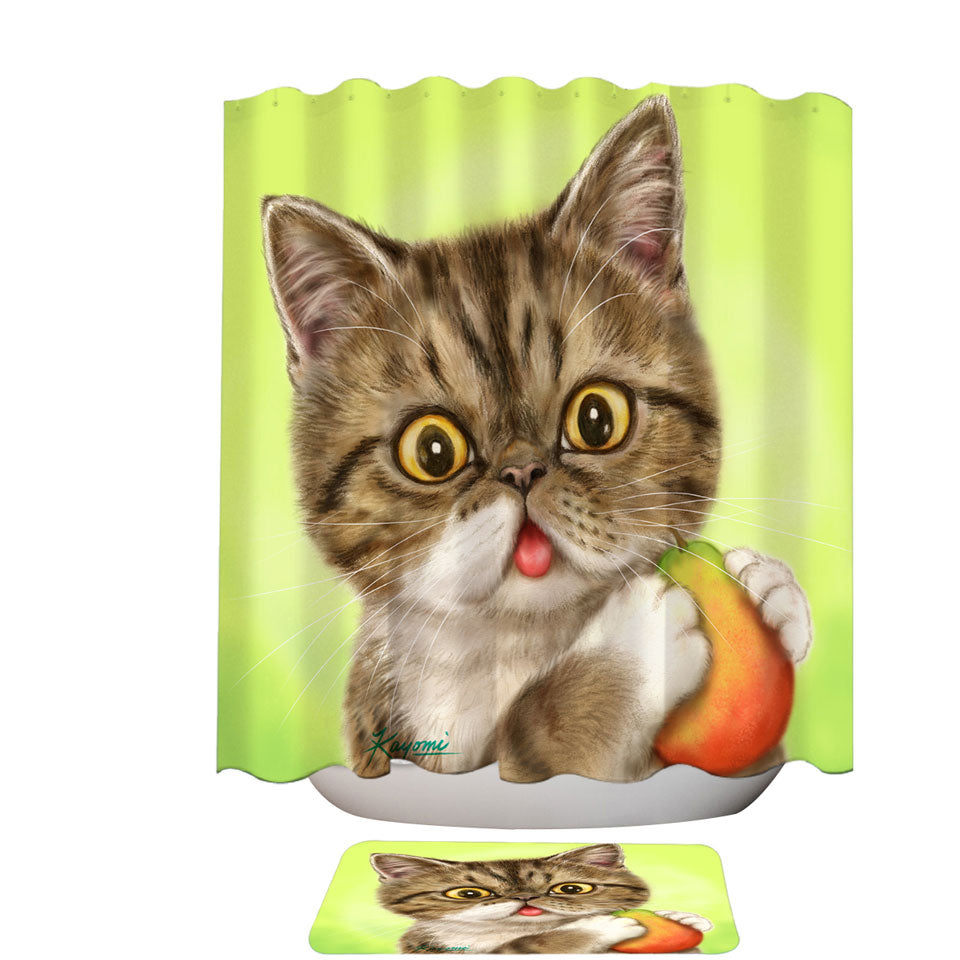 Cats Art Paintings Shower Curtains Cute Pear Eating Kitten