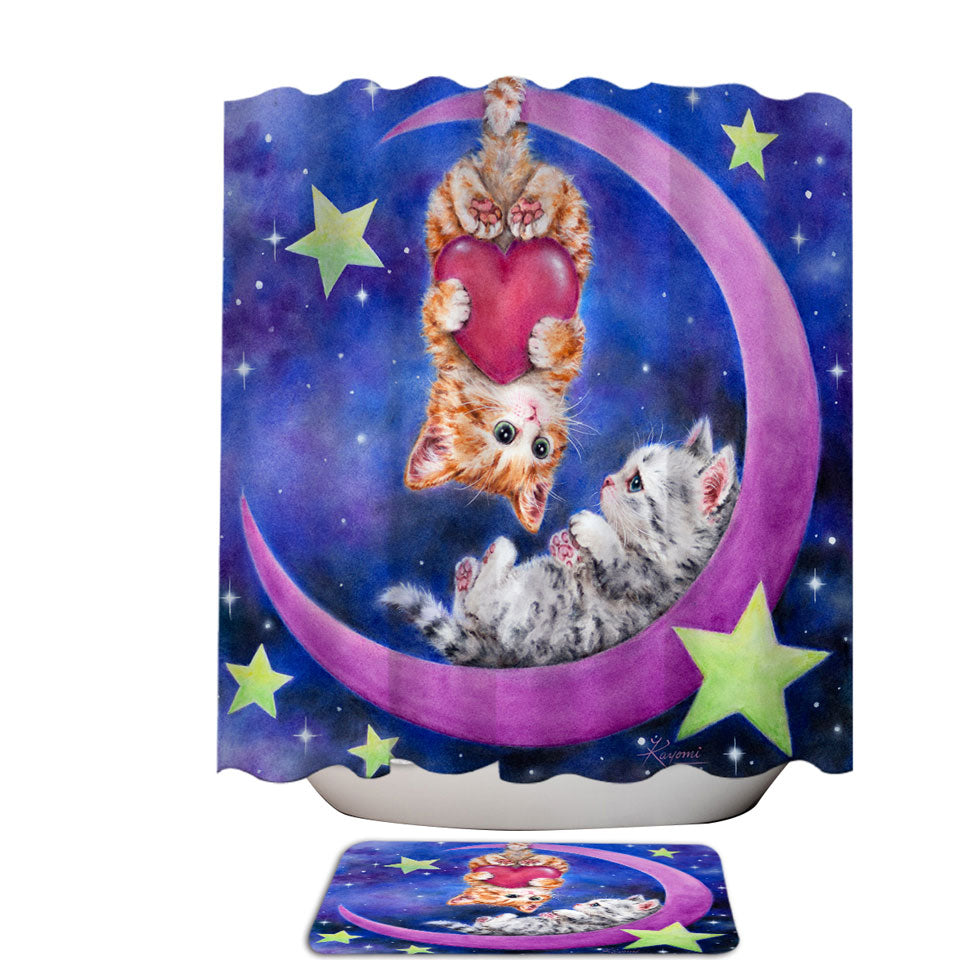 Cats Art Romantic Shower Curtain Moon Space Starts and Kittens