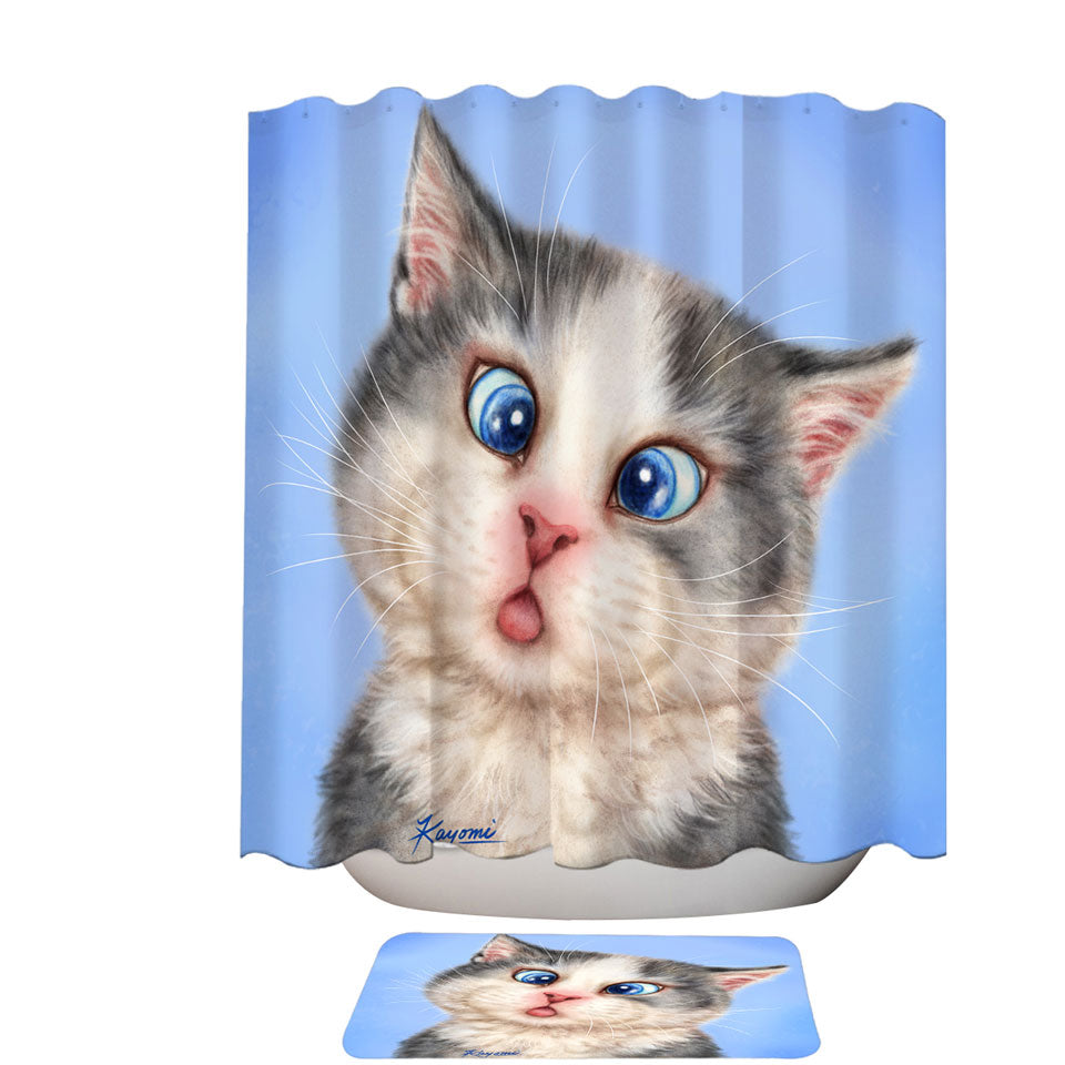 Cats Funny Inexpensive Shower Curtains with Faces Drawings Blue Eyes Grey Kitten