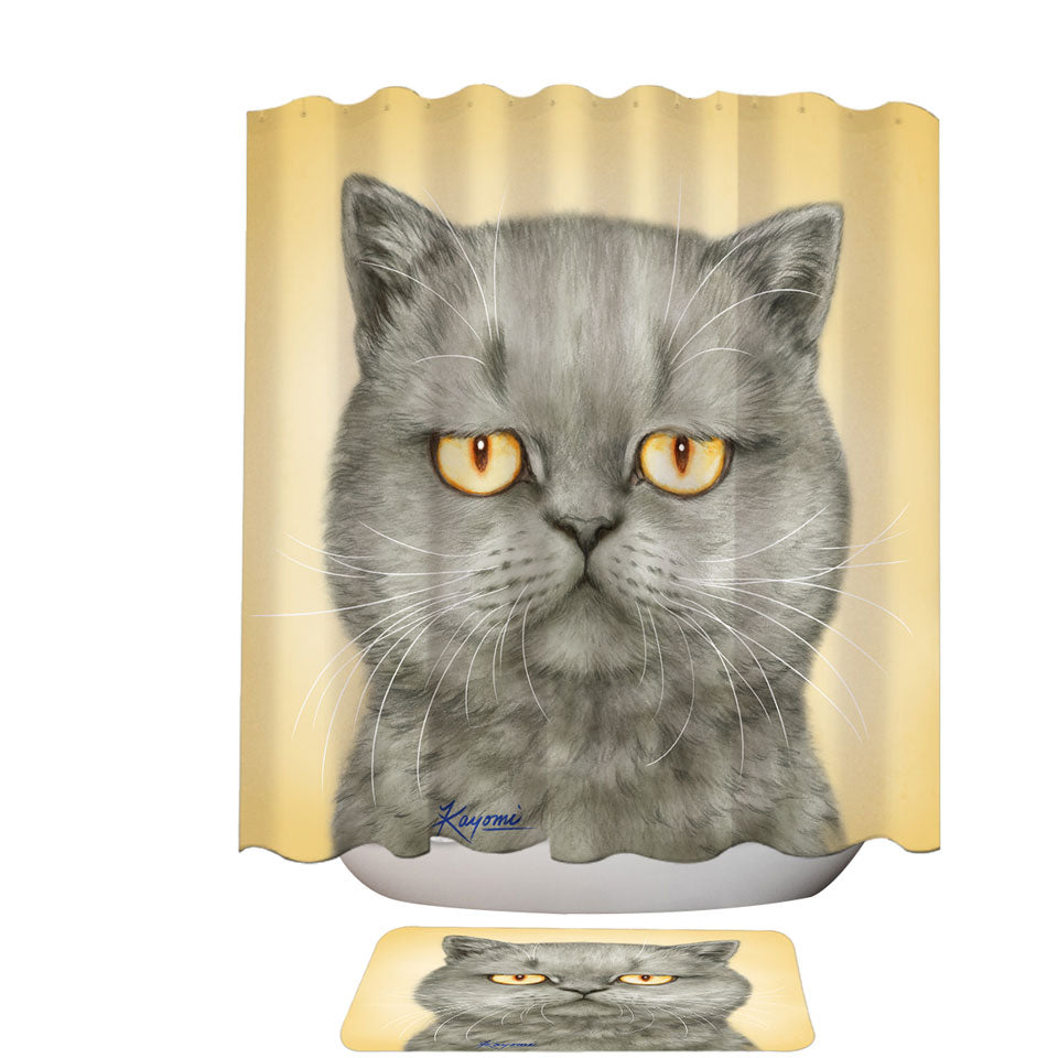 Cats Trendy Fabric Shower Curtains Art Paintings Yellow Eye Cranky Grey Cat