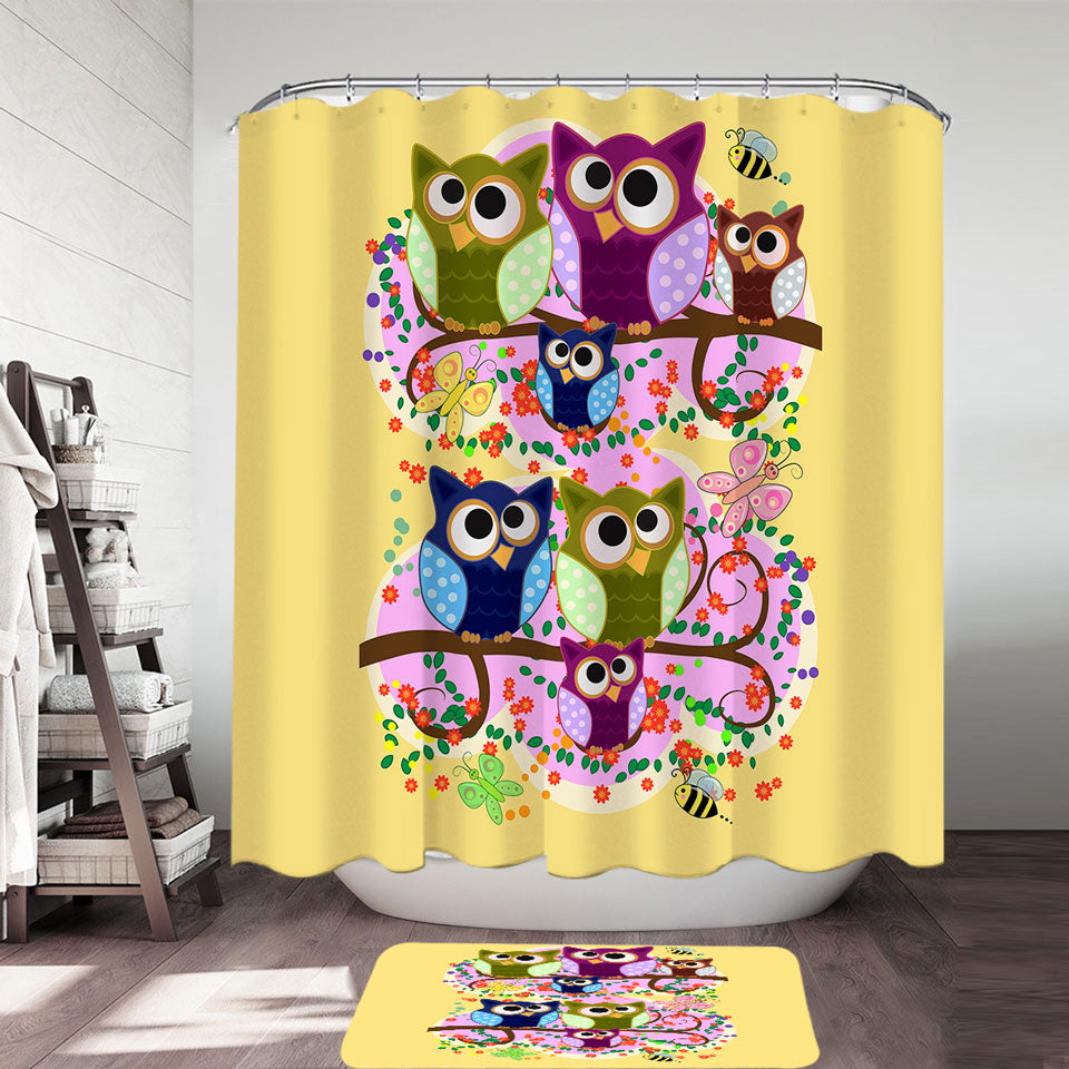 Children Shower Curtain Cute Multi Colored Owls