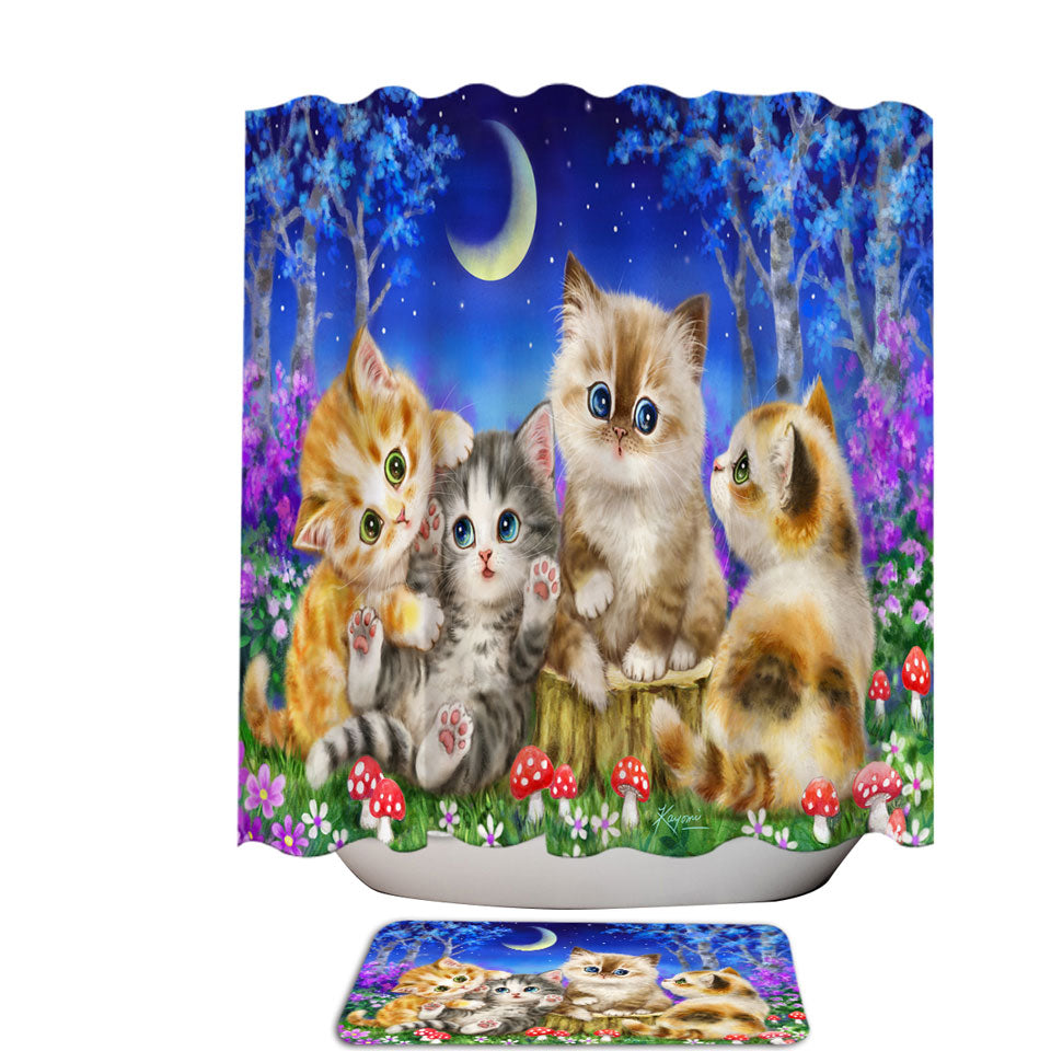 Children Shower Curtains with Moonlight Cats Cute Sweet Kittens in the Forest