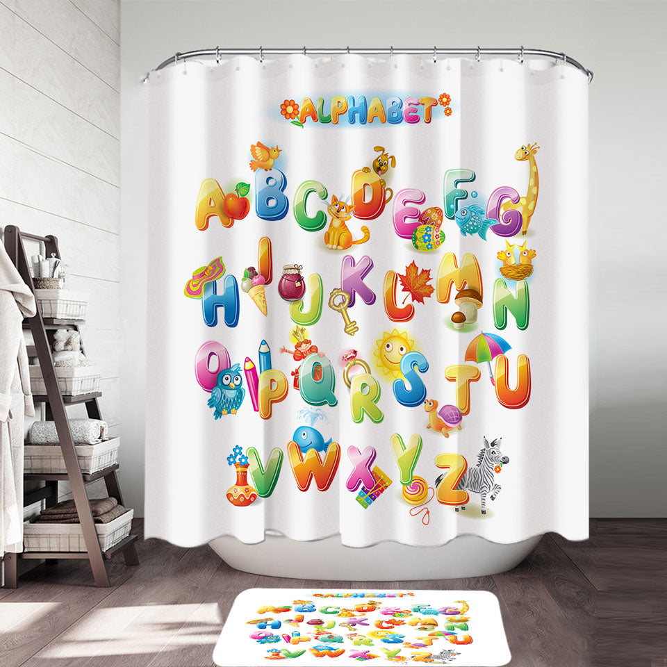 Childrens Shower Curtains Cartoon Alphabet for Kids