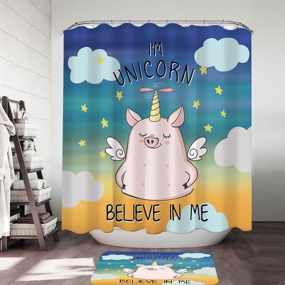 Childrens Shower Curtains Cute Unicorn Piggy