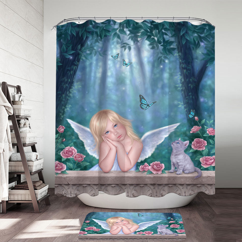 Childrens Shower Curtains Fantasy Art Little Miracles Cat and Cute Little Fairy