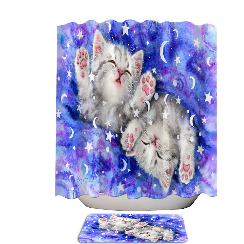 Childrens Shower Curtains Two Grey Kitty Cats Sweet Slumber Night