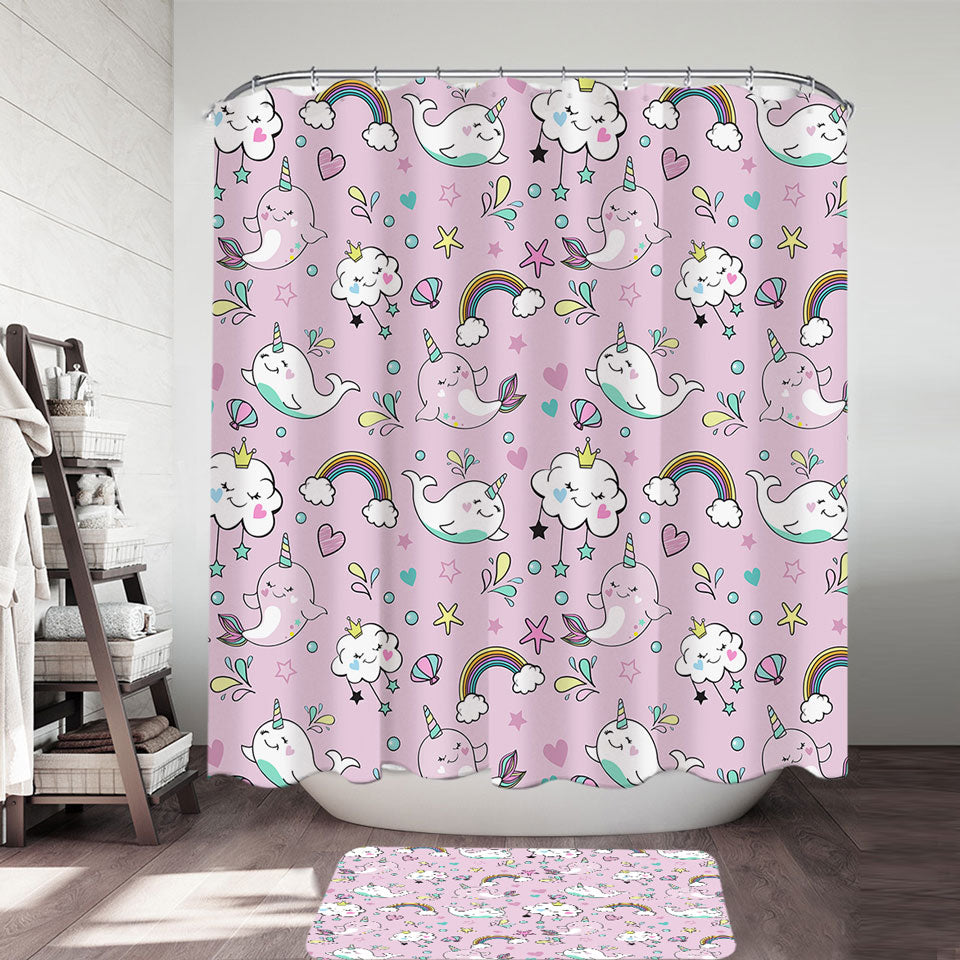 Childrens Shower Curtains with Rainbow Whales and Clouds