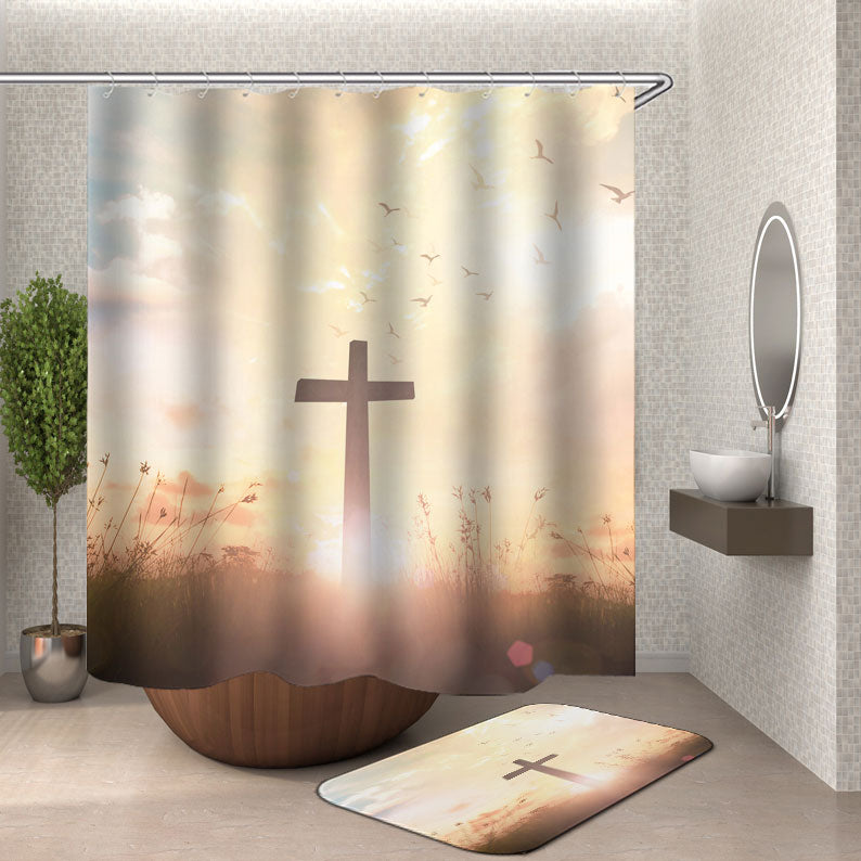 Christian Shower Curtain Influential Christian Cross at Sunset
