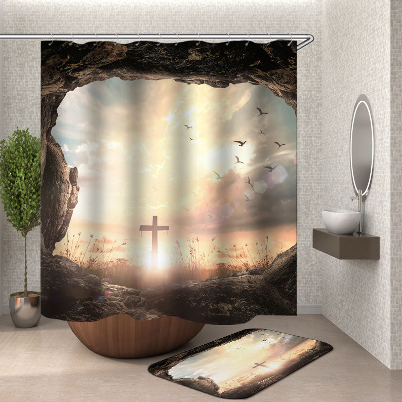 Christian Shower Curtain Powerful Cross at Sunset