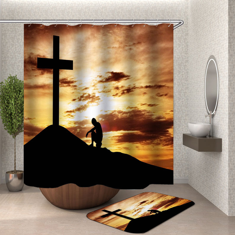 Christian Shower Curtain of Praying for the Christian Cross at Sunset
