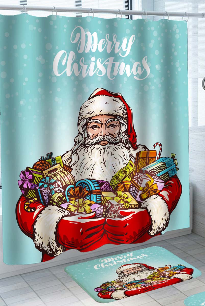 Christmas Bathmat and Shower Curtain with Cool Strong Santa Claus with Christmas Presents