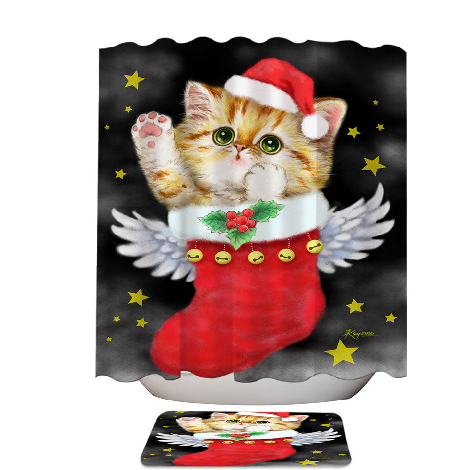 Christmas Fabric Shower Curtains Cute Ginger Kitty in Red Angle Christmas Sock