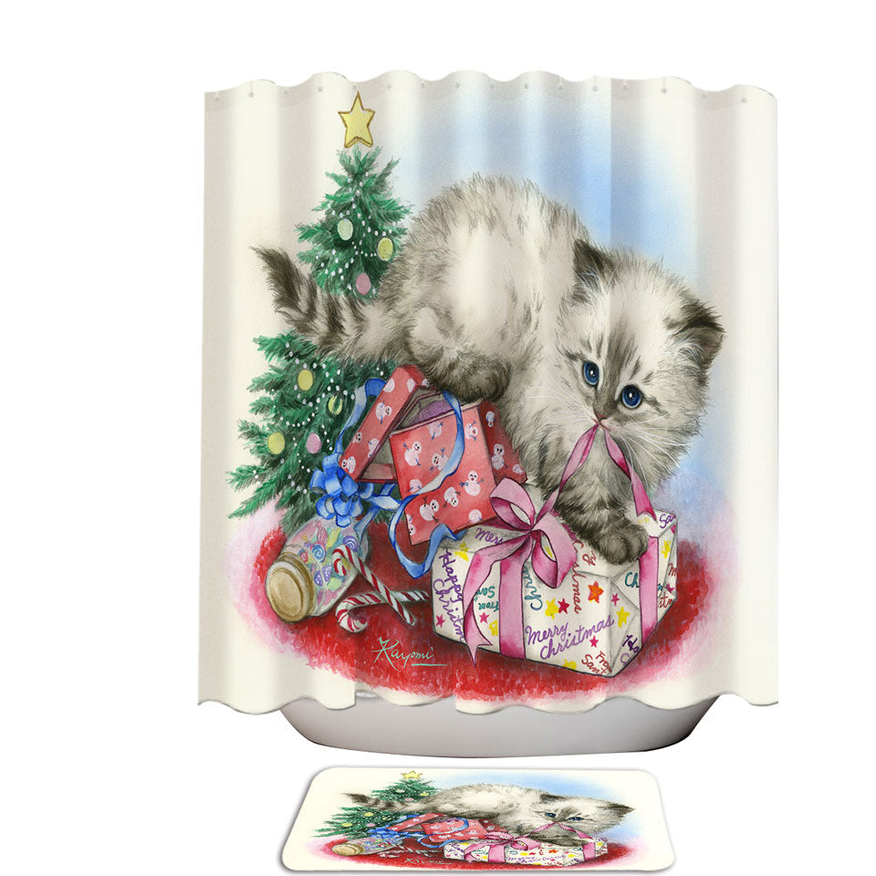 Christmas Fabric Shower Curtains Design Cute Kitten is Opening Presents