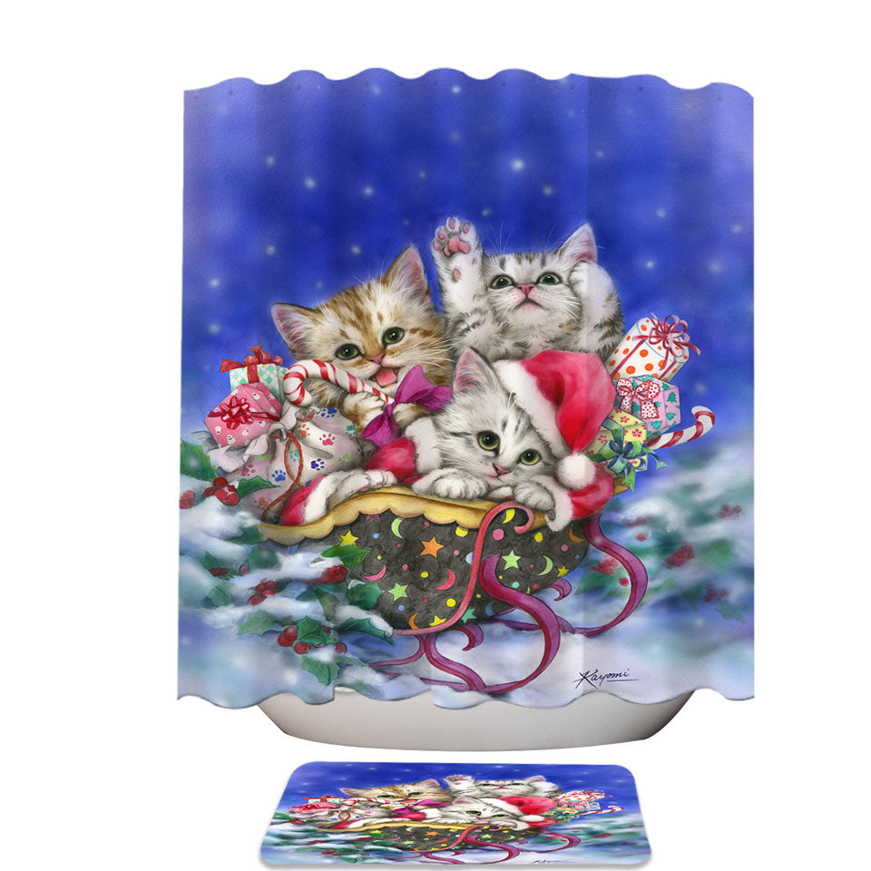 Christmas Fabric Shower Curtains Gift Three Lovely Kittens in Sleigh