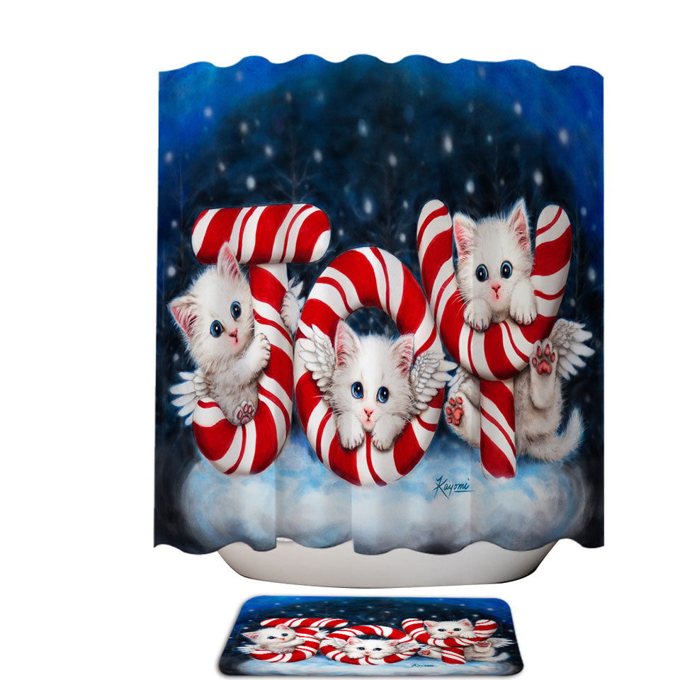 Christmas Joy Shower Curtains Three Cute Angel White Kittens