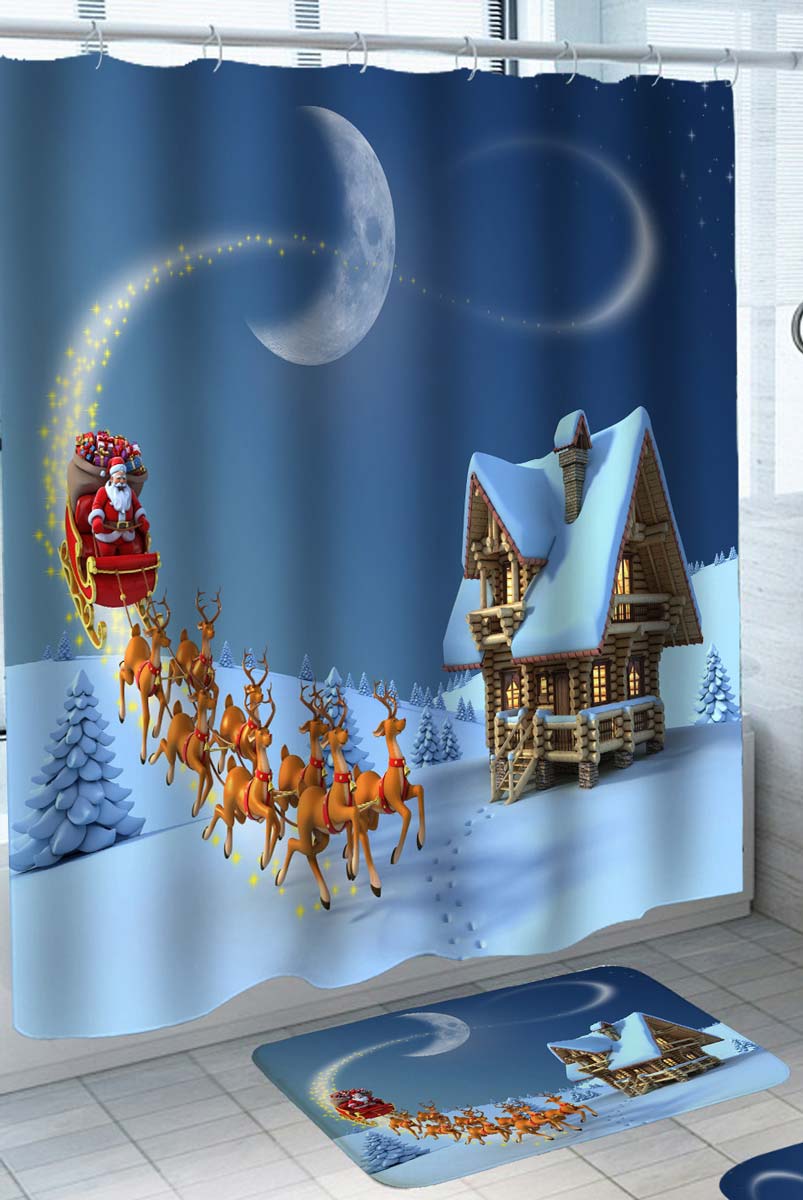 Christmas Shower Curtain with Santa and His Reindeer Sleigh Landing