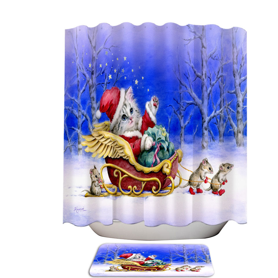 Christmas Shower Curtains Cat Kitten Santa with Mice Friends