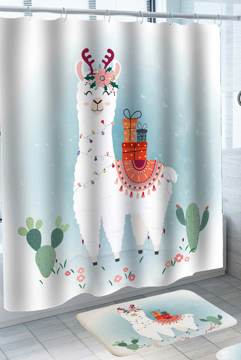 Christmas Shower Curtains and Christmas Bathmat Spirit Cute South American Alpaca