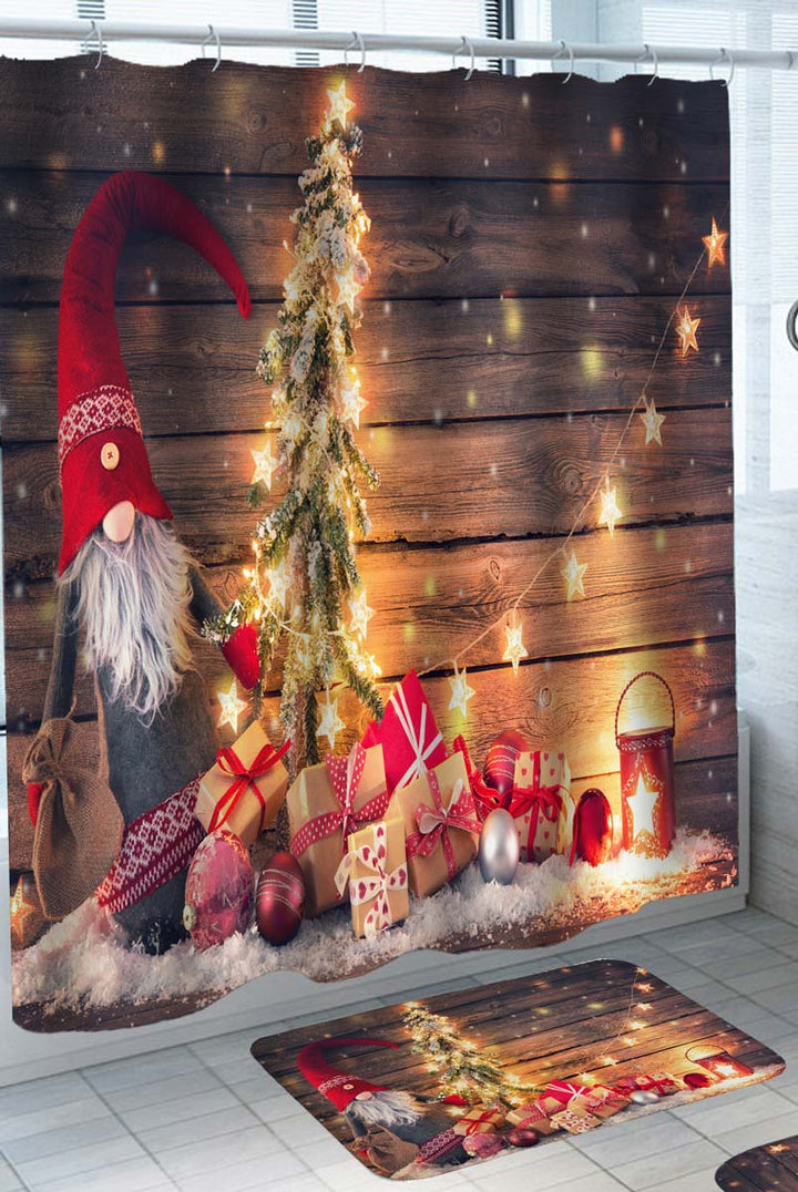 Christmas Shower Curtains with Dwarf Gnome and Presents
