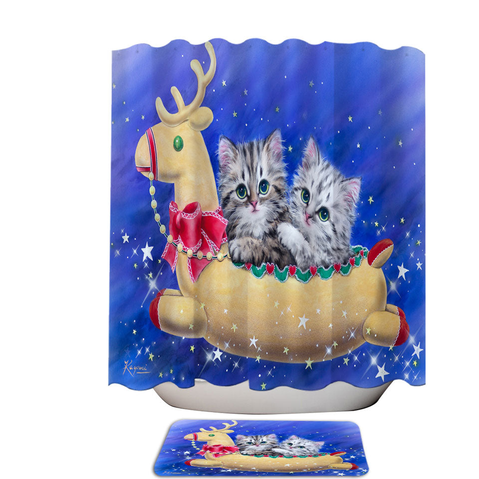 Christmas Shower Curtains with Reindeer Ride Kitty Cats