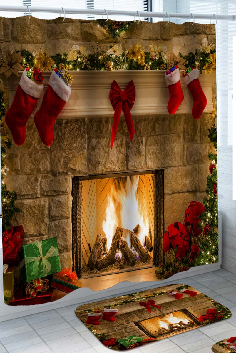 Christmas Spirit Fireplace Shower Curtain Cool Holiday Decor