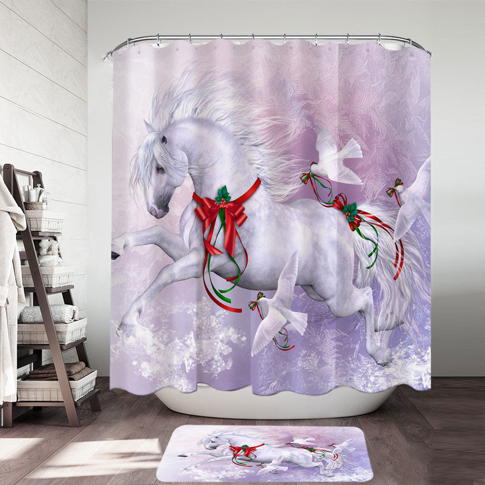 Christmas Spirit Shower Curtains Horse and Doves the Snow Dance
