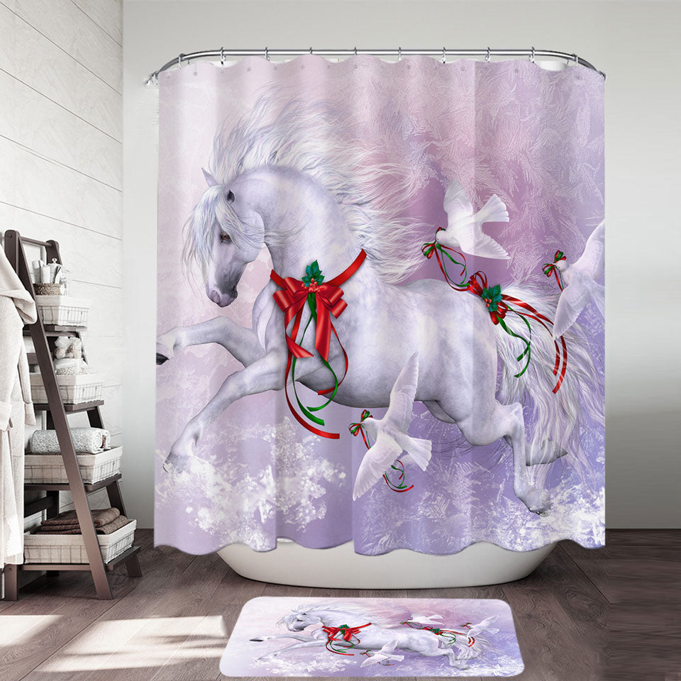 Christmas Spirit Shower Curtains Horse and Doves the Snow Dance