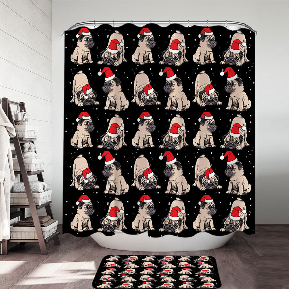 Christmas Spirit Shower Curtains with Cute Pug Dog