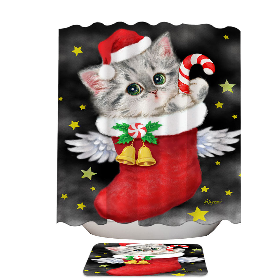 Christmas Trendy and Unique Shower Curtains Cute Grey Kitty in Red Angle Christmas Sock