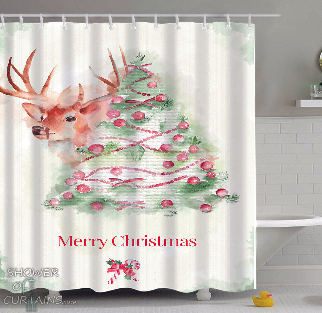 Christmas Art Shower Curtain of Reindeer Merry Christmas Art Painting