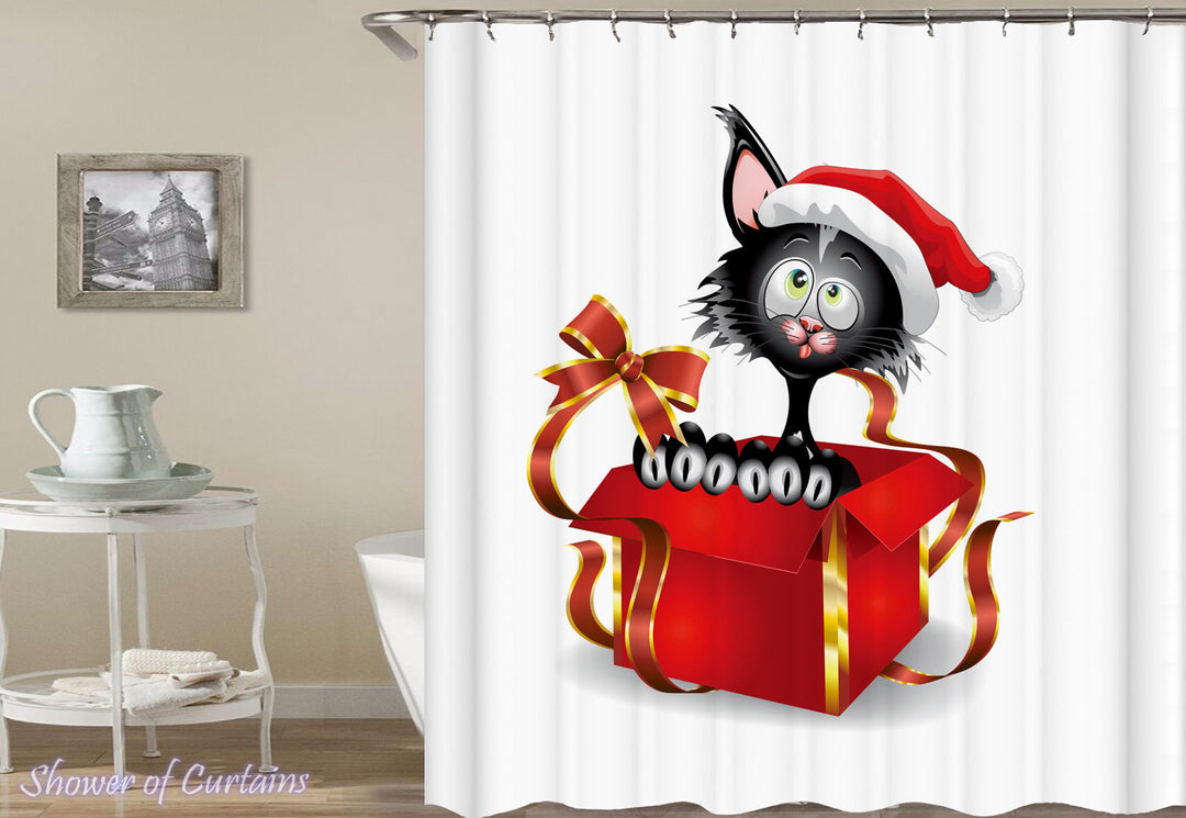 Christmas Cat Shower Curtain of Santa's Cat In A Gift Box