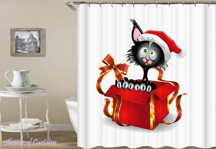 Christmas Cat Shower Curtain of Santa's Cat In A Gift Box