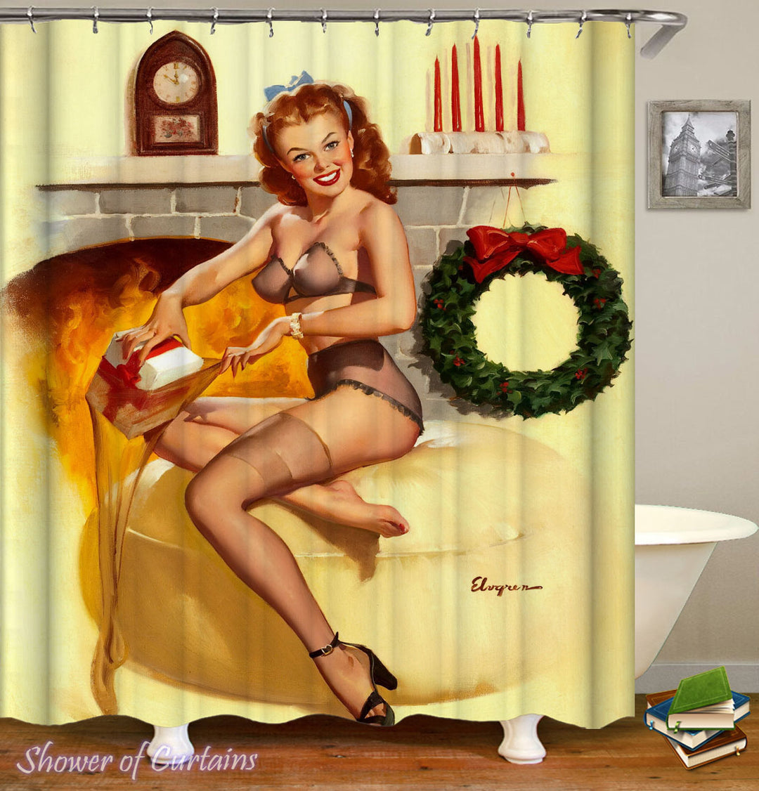 Christmas Pin Up Girl Shower Curtain - Men's Bathroom Decor