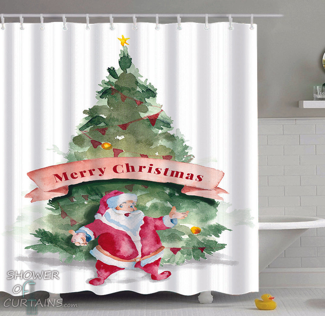 Christmas Shower Curtain Set of Santa Merry Christmas Art Painting - Art Shower Curtain