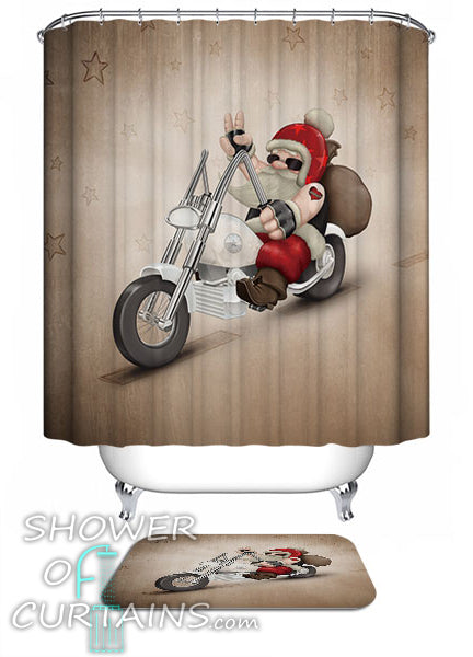 Christmas Shower Curtains - Santa Riding A Harley Shower Curtain