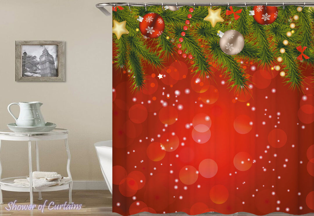 Christmas Shower Curtains of Classic Red With Christmas Ornaments