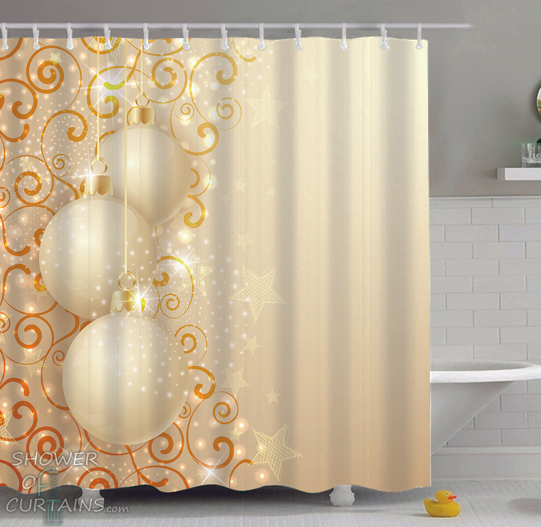 Christmas Shower Curtains of Cream Color Christmas Balls Ornaments