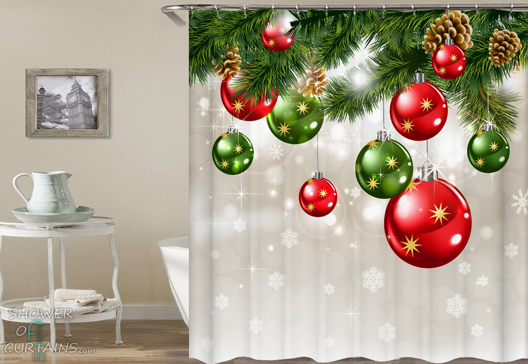 Christmas Shower Curtains of Red And Green Christmas ornaments