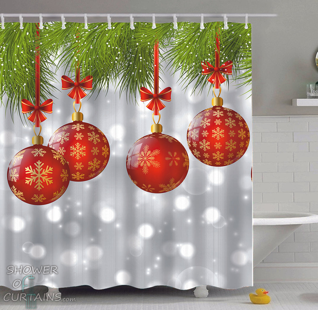 Christmas Shower Curtains of Red Christmas Baubles