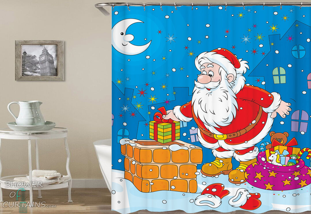 Christmas Shower Curtains of Santa Is Sneaking Presents