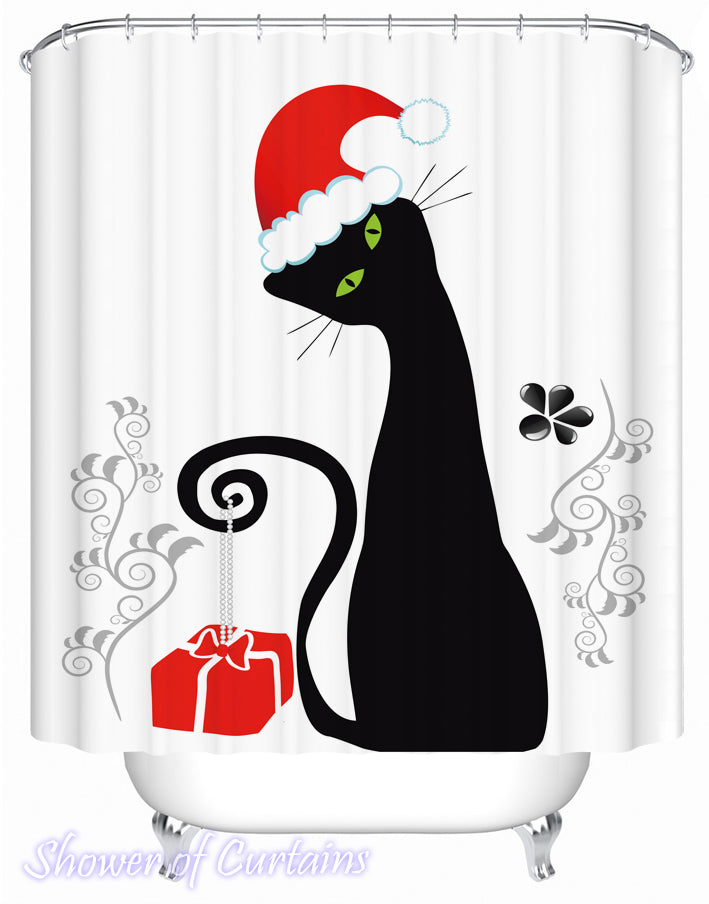 Christmas Shower Curtains of Santa's Black Cat