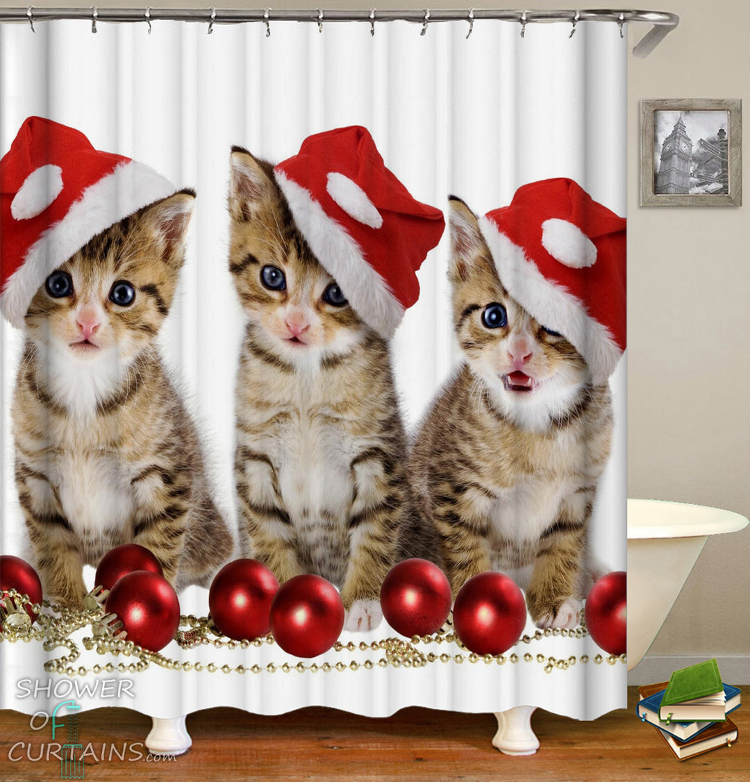 Christmas Shower Curtains of Santa’s Kittens Shower Curtain