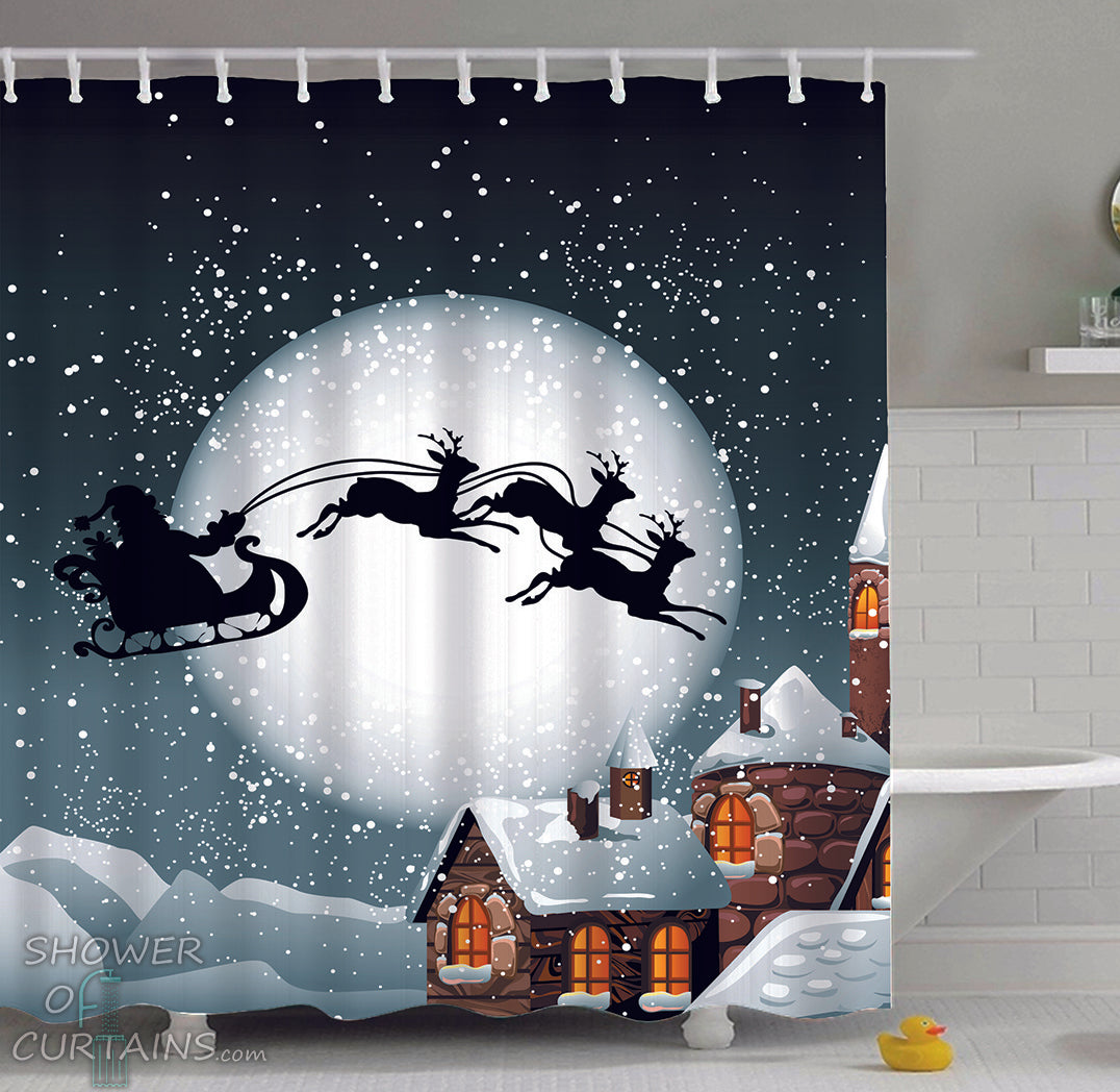 Christmas Shower Curtains of Santa's Reindeer Sleigh