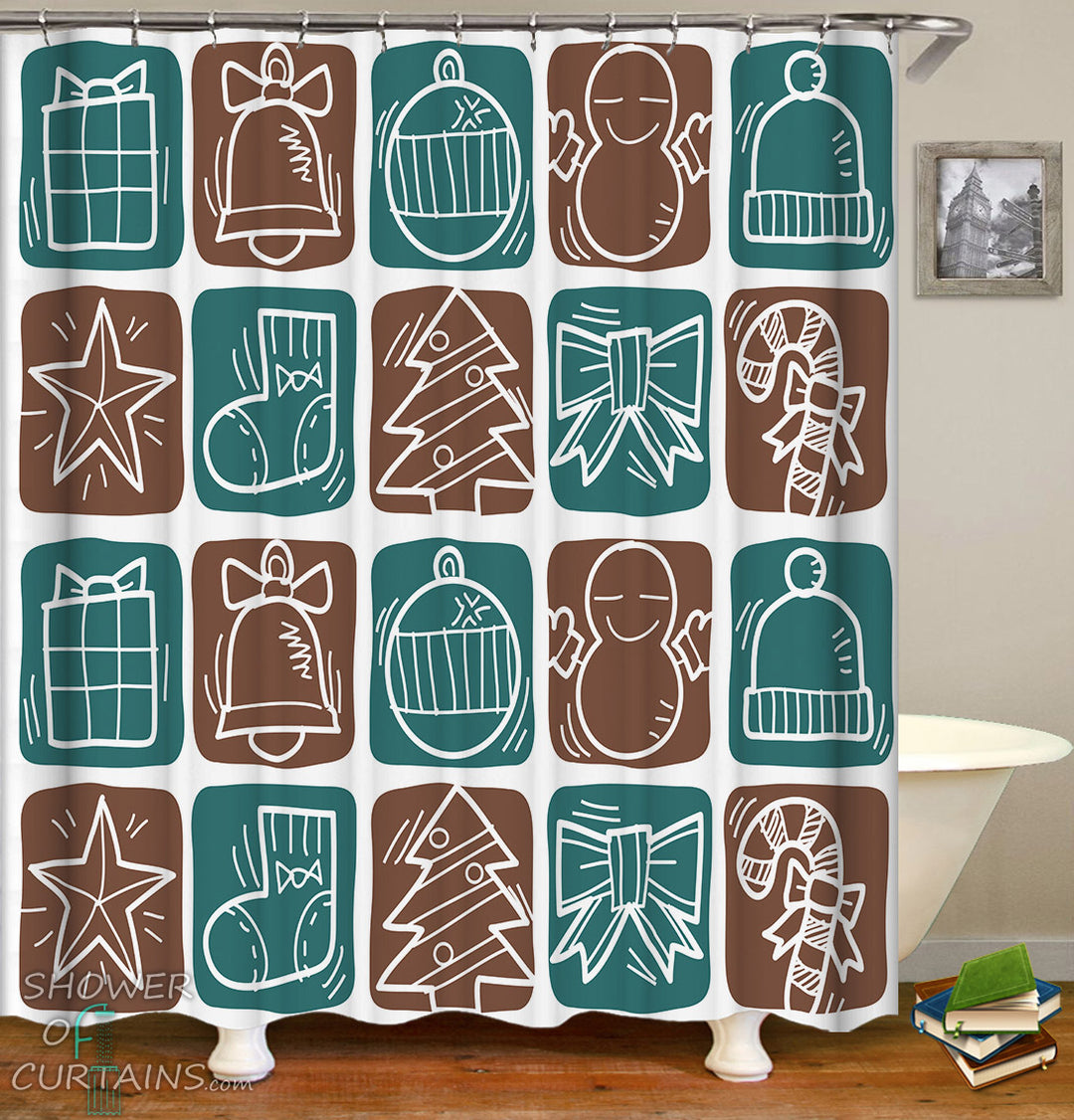 Christmas Shower Curtains of Turquoise And Brown Christmas’ Checkers