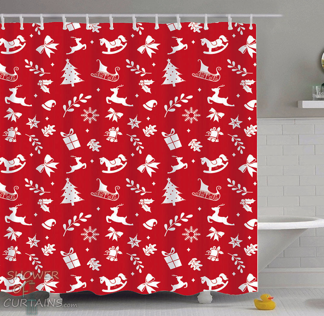 Christmas Themed Shower Curtains of Red Background Christmas Pattern