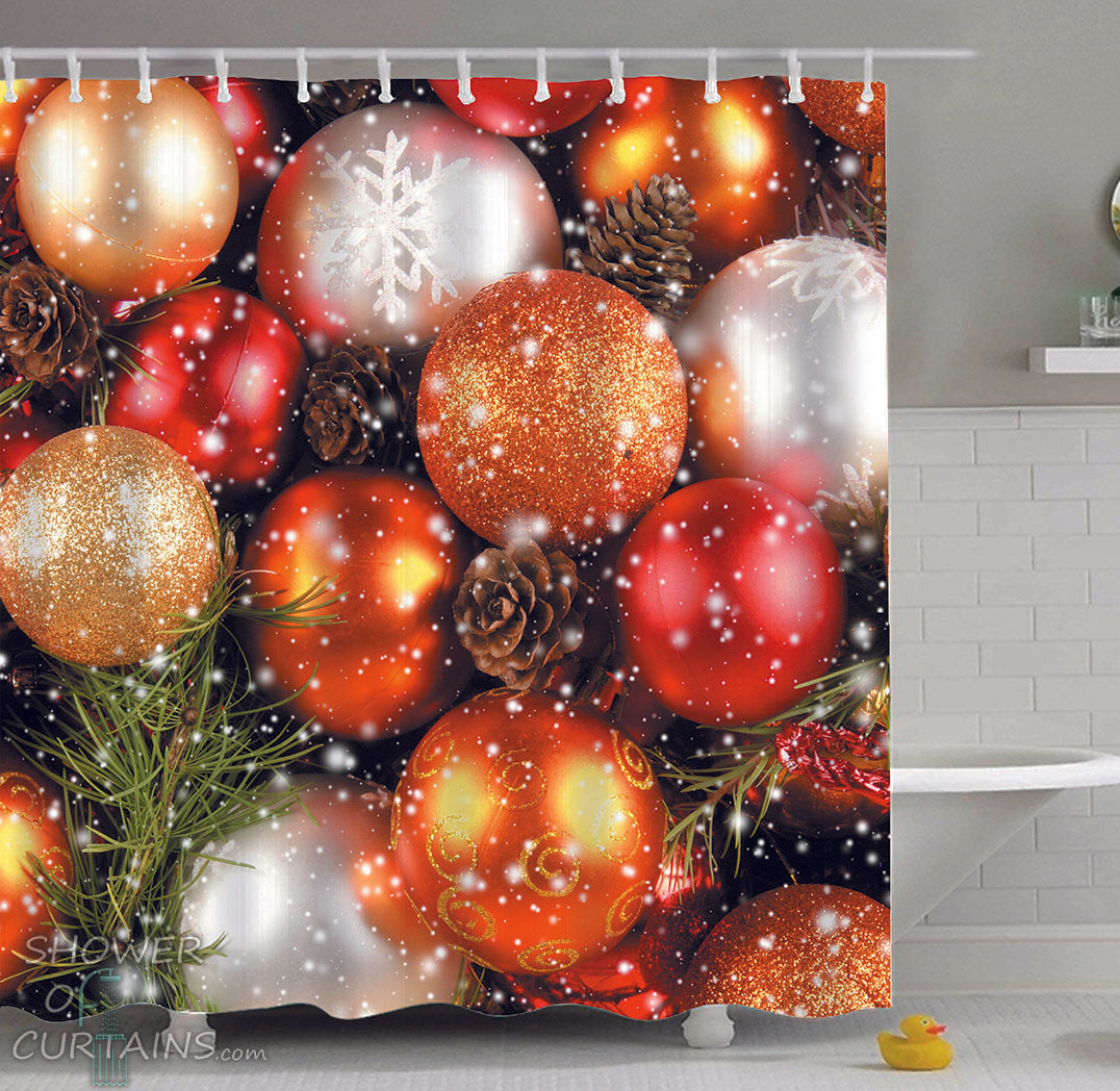 Christmas Themed Shower Curtains of shiny gold Christmas balls