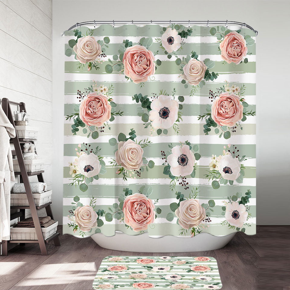 Classic Floral Shower Curtains With Stripes